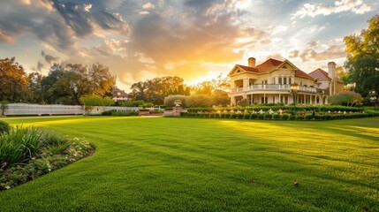 Fototapeta premium A grand mansion with a sprawling front lawn, surrounded by manicured gardens and a white picket fence, captured during a golden sunset.