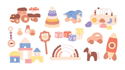 Wooden toys. Vintage children toys from wood. Cartoon truck cubes horse car spaceship, different toddlers educational games racy vector collection