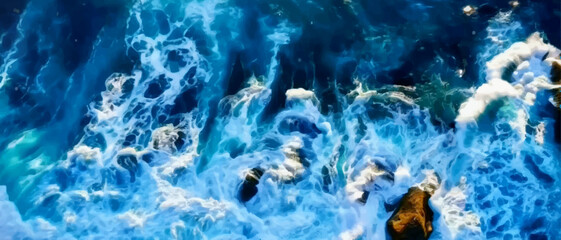 Top view aerial photography white sea foam against the background of the blue sea or ocean. Background, screensaver