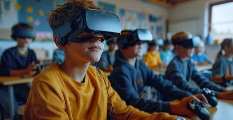 Students using virtual reality headsets for immersive learning in a classroom setting