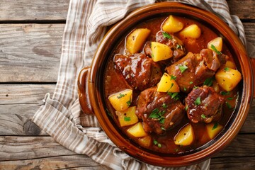 Overhead view of pork cheek stew with potatoes on wood table