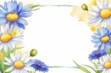 Obraz premium Frame of white chamomiles and blue cornflowers on a light background with space for text