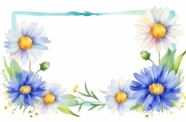 Fototapeta premium Frame of white chamomiles and blue cornflowers on a light background with space for text