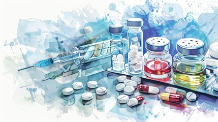 Medical Illustration: Syringe, Pills and Bottles in a Watercolor Background