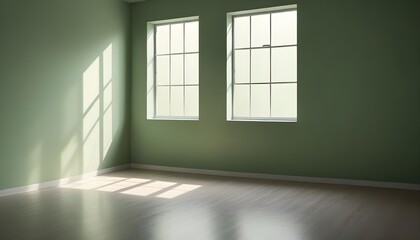 Fototapeta premium A green empty room with shadows of a window, empty wall background