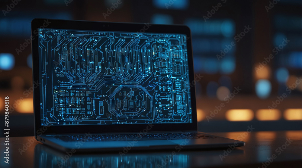 Aufkleber futuristic laptop displaying complex digital circuit board design in a dark tech environment