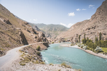 The Panj River flows between Afghanistan and Tajikistan along the Pamir Highway road in the Tien Shan mountains