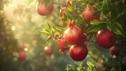 Obraz premium pomegranates on a tree exposed to sunlight