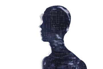 Isolated silhouette of a man's portrait made from binary code on a white background in a wireframe plexus style, showcasing a blend of technology and art.
