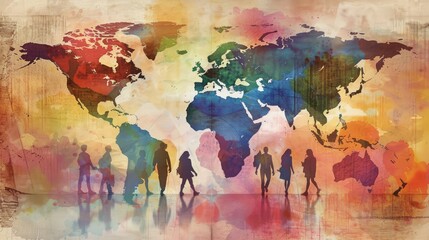 A group of people are walking across a world map. Generate AI image