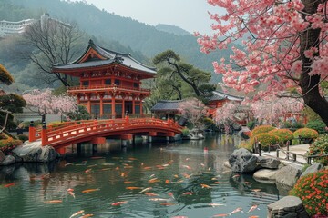 Obraz premium A serene Japanese garden with a koi pond, traditional wooden bridges, and blossoming cherry trees.