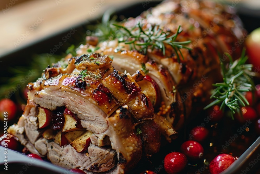 Poster pork loin filled with apple cranberry and spices then roasted