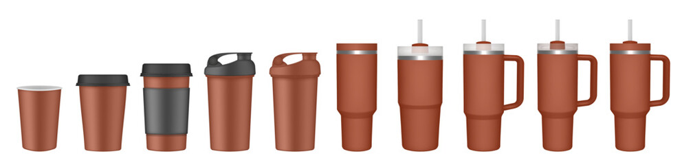 Thermo cup with handle and straw. 20, 30, 40 oz. Travel thermos. Set of brown mugs. Tumbler. Sport shaker,. Paper cup with plastic lid and cupholder	