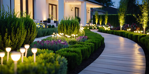 A beautifully landscaped garden with a stone path winding through vibrant flower beds, illuminated by warm lights at dusk, ideal for real estate listings, landscaping websites, or home décor magazines