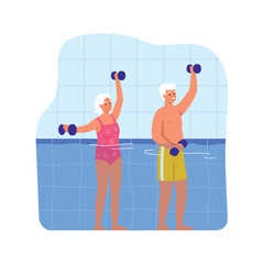 Vector illustration of aqua aerobics with dumbbells. Cartoon scene of an elderly, gray-haired man and woman, dressed in swimsuits, standing in the water of the pool and doing exercises with dumbbells.