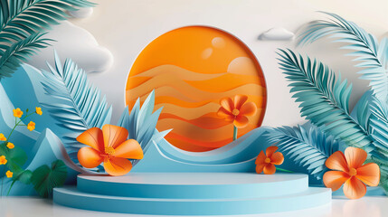 Colorful vibrant tropical product display podium