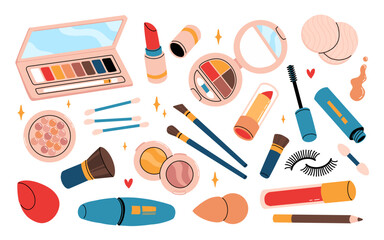 Woman cosmetic products. Beauty set of cosmetics, vector icon set. Mascara, lipstick, eye shadows, brush, concealer, lip gloss, sponge. Trendy hand drawing doodle style. All elements are isolated.