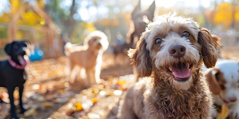 Dogs having fun at a doggy day care. Concept Cute Pups, Playful Moments, Doggy Daycare Fun