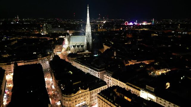 Aerial view over St. Stephen's Cathedral in Vienna, Austria, at night