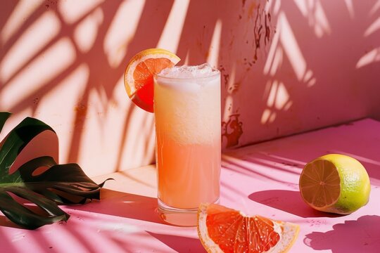 Immerse yourself in a refreshing citrus cocktail with a retro vintage feel, set against a lively pink backdrop, evoking a trendy and imaginative summer look with tropical accents and shaded elements