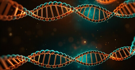 A 3D rendering of two glowing DNA strands against a dark background, perfect for healthcare, science, research, or educational projects.
