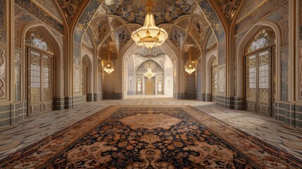 Obraz premium Opulent Islamic Day Luxury in an Empty Room with Detailed Murals and Plush Carpets under Golden Lighting Fixtures