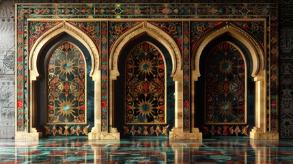 Obraz premium Elegant Islamic Day Themed Front View with Rich Colored Arabesque Patterns on Textured Wall