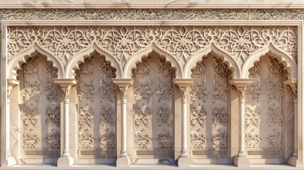 Fototapeta premium Graceful Islamic Day: Front Side View of Textured Wall with Intricate Carvings in Pastel Hues Emanating an Elegant Feel