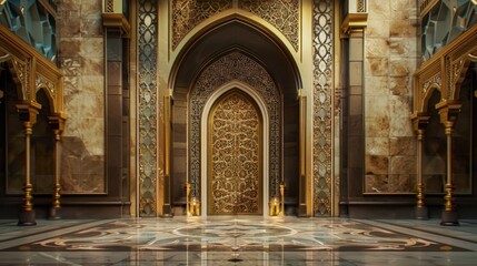 Obraz premium Majestic Islamic-inspired Textured Wall with Golden Accents Creating Rich Ambiance - Front View