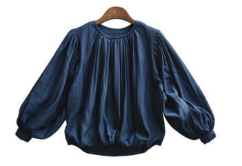 Dark blue long-sleeved blouse isolated on a transparent PNG background, perfect for fashion design applications, ecommerce sites, and clothing line promotions