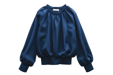 Stylish dark blue blouse with long sleeves, presented on a transparent PNG background, suitable for use in fashion designs, online shops, and clothing advertisements