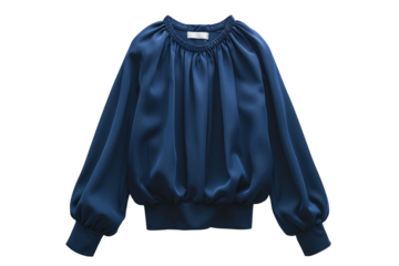 Stylish dark blue blouse with long sleeves, presented on a transparent PNG background, suitable for use in fashion designs, online shops, and clothing advertisements