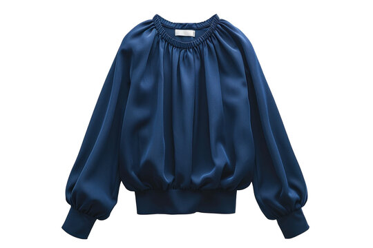 Stylish dark blue blouse with long sleeves, presented on a transparent PNG background, suitable for use in fashion designs, online shops, and clothing advertisements