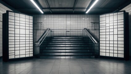 Empty vertical billboards on underground stairs wall Mockup. hoardings advertising in white tiles tunnel interior