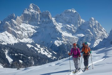 Two Skiers Ascending a Snow-Covered Mountain in the Italian Dolomites