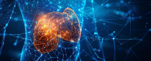 Simplified animation of human liver showcasing digital connections and technology