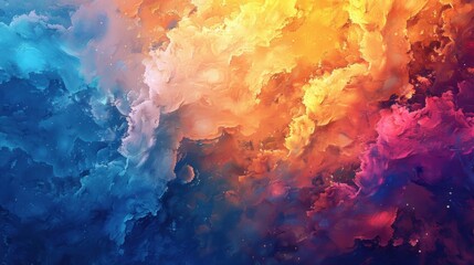 Colorful abstract painting with vibrant swirls of blue orange and purple hues