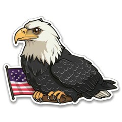 Obraz premium Sticker, eagle with a flag in the style of cartoon style on a white background. Drawn in a cutely cute style