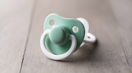Concept photo of  green white pacifier on wooden background with space for text
