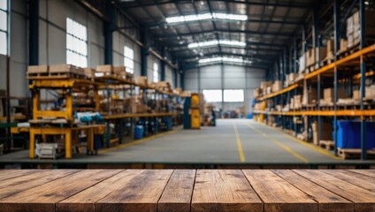 Fototapeta premium Empty wood table top with blur background of warehouse of factory. The table giving copy space for placing advertising product on the table