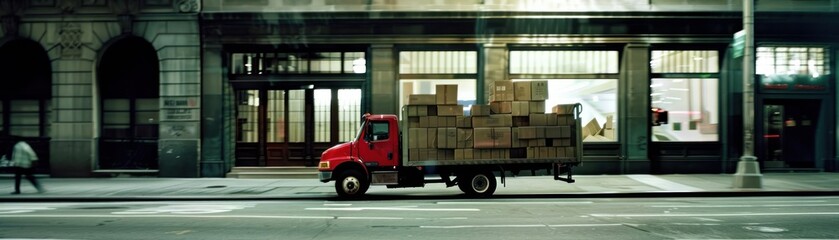 Naklejka premium Red delivery truck loaded with boxes in the city at night.