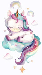 Fototapeta premium An illustration of a cute baby unicorn with a rainbow mane and tail, sleeping on a fluffy cloud surrounded by stars and rainbows in a whimsical, pastel-colored illustration