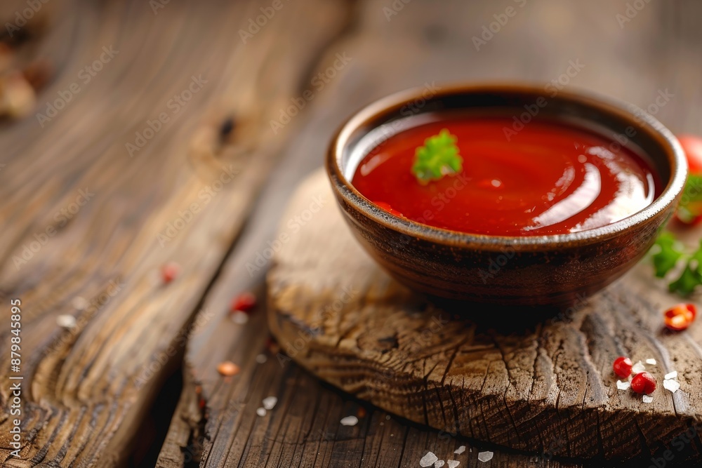 Sticker sauce on wooden table in close up view