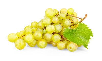 Cluster of ripe white grapes with green leaf. Yellow organic natural fruit isolated on background