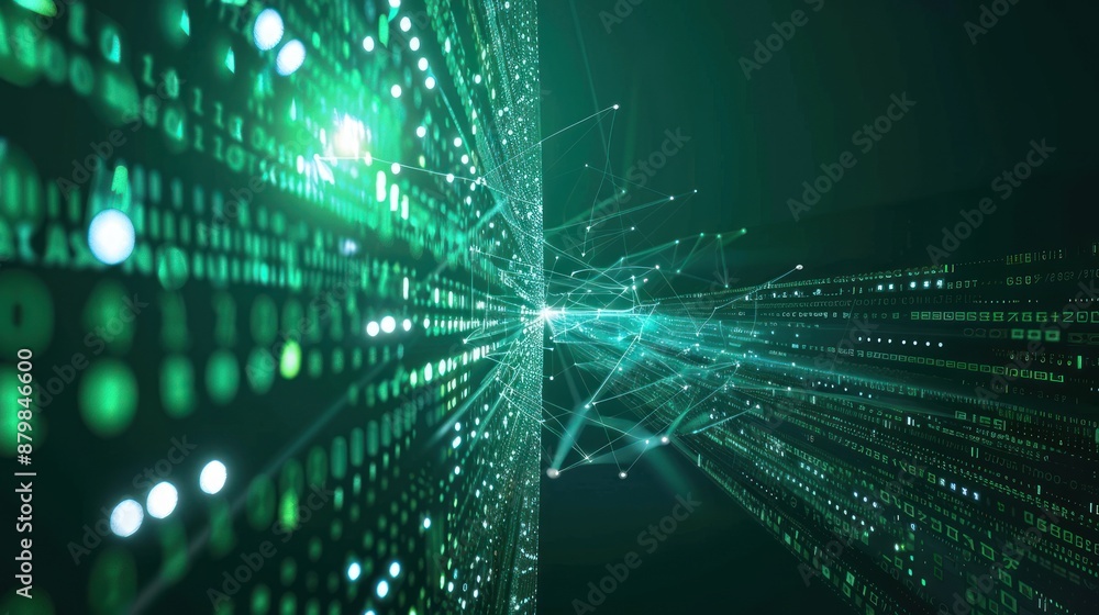 Aufkleber Glowing green circuit board with binary code and glowing dots representing data transmission.