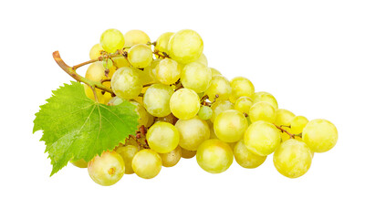 Cluster of ripe white grapes with green leaf. Yellow organic natural fruit isolated on background. PNG.