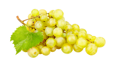 Cluster of ripe white grapes with green leaf. Yellow organic natural fruit isolated on background. PNG.