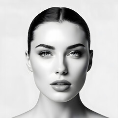 Fototapeta premium A close-up studio portrait of a brunette model with natural makeup, showcasing clean, glowing skin and bright eyes, black and white style photo