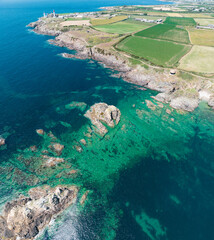 Aerial view of Saint-Mathieu Lighthouse located in Plougonvelin, around Brest in Finistère, and...