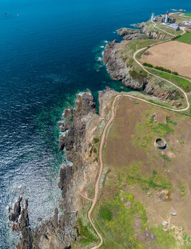 Aerial view of Saint-Mathieu Lighthouse located in Plougonvelin, around Brest in Finist&egrave;re, and close the ruins of the ancient Abbaye Saint-Mathieu de Fine-Terre. France